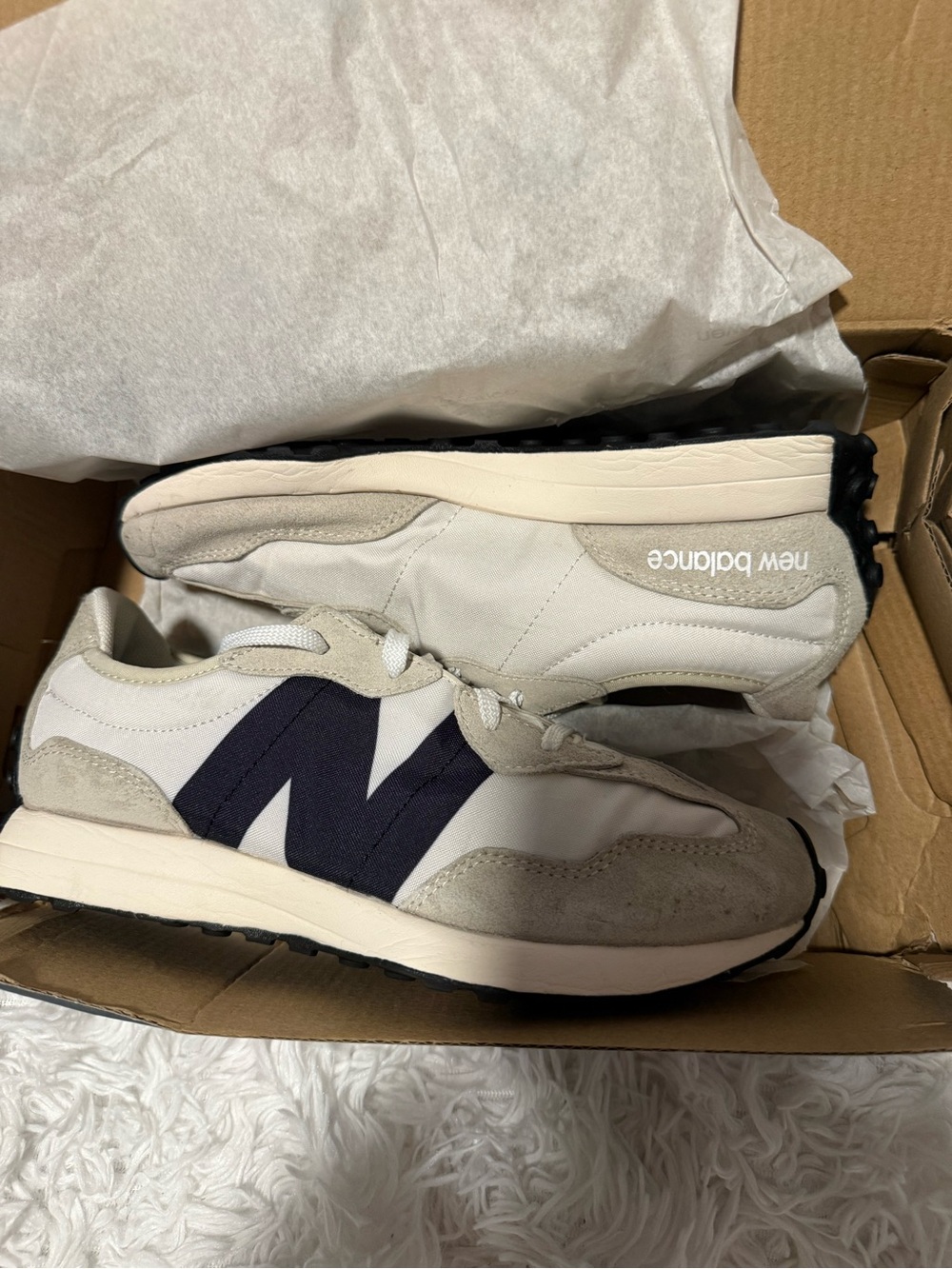 New Balance Cream and Navy Retro Style Sneakers